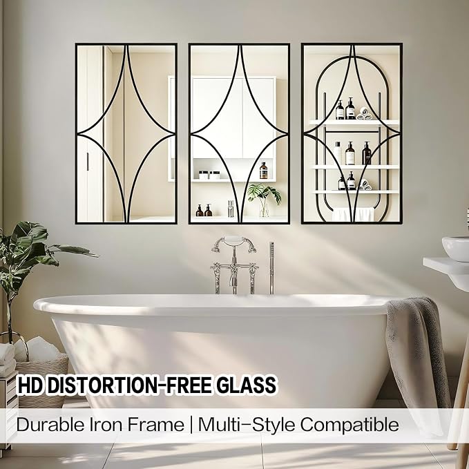 Set of 3 Large Rectangular Wall Mirror, Black Rust Resistant Metal Frame Decorative Mirror,Multi-Shape Layout Wall Mount Mirror for Living Room Bedroom Entryway,Dual Use Decor Grooming - Image 4