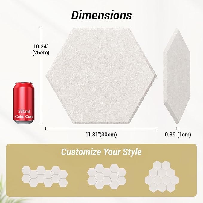 48 Pack High Density Hexagon Acoustic Panels, TONOR 12"x 10"x 0.4" Soundproof Wall Panels, Sound Absorbing Panels for Interior Wall Décor, Peel and Stick Modern for Studio, Office, Home, Beige - Image 4