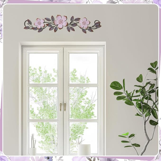 Wesiti Metal Flower Wall Decor Wrought Iron Scroll 15.7x3.7,Purple | Vintage Metal Flower decor,Farmhouse Leaf Art with Nails, Flat Not 3D Design, For Bedroom Kitchen Indoor Outdoor Wall Decor - Image 4