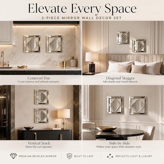 Square Decorative Wall Mirror 12 x 12 Inch, Silver Frameless Mirror Wall Decor with Beveled Edge, Modern Wall Mounted Accent Mirror for Living Room, Bedroom, Hallway, Set of 2 - Image 7