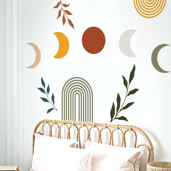 Boho Mid-Century Sun and Moon Wall Decals Peel and Stick, Large Arch Vinyl Wall Stickers, Removable Leaves Home Decor Art for Bedroom Living Room Classroom Office - Image 4