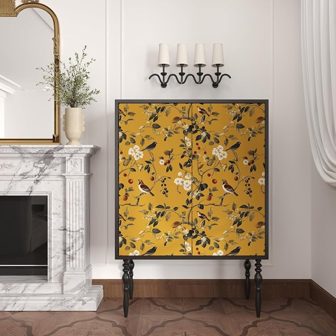 Laatse Vintage Yellow Floral Bird Wallpaper Peel and Stick 17.5"x118" | Self Adhesive/Removable/Waterproof/Thick Vinyl Contact Paper for Bathroom Bedroom Shelf Cabinet Drawer,Prepasted,Easy Peel - Image 2