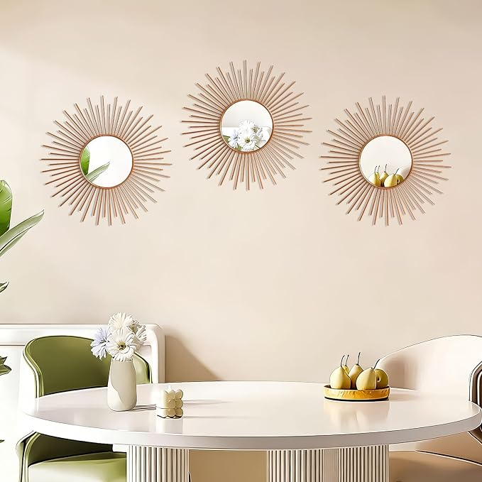 3 Pack Metal Mirrors for Wall Sunburst Wall Mirrors Home Décor Decorative Hanging Wall Art for Living Room Bedroom Entryway (Rose Gold2, Sunburst) - Image 3