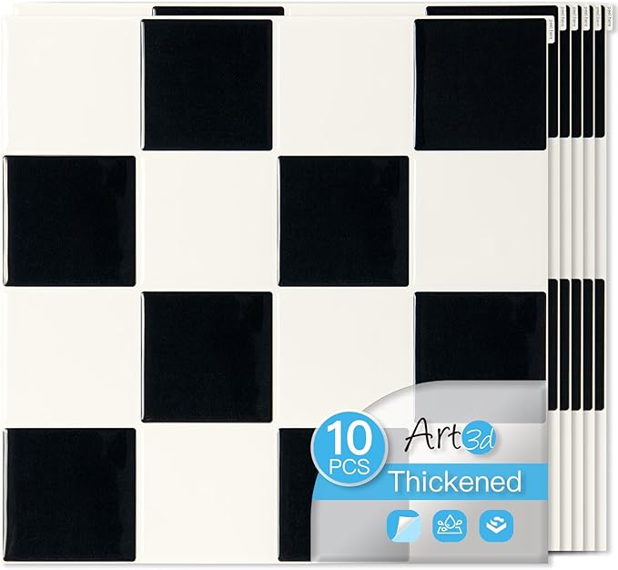 Art3d Grid Peel and Stick Backsplash, 10-Pack, 12 x 12 in, Black & White | Enhanced Thickness, Strong Adhesion, Moisture Resistant, Long-Lasting, Minimalist Look, DIY Friendly, for Kitchen Countertops by Art3d