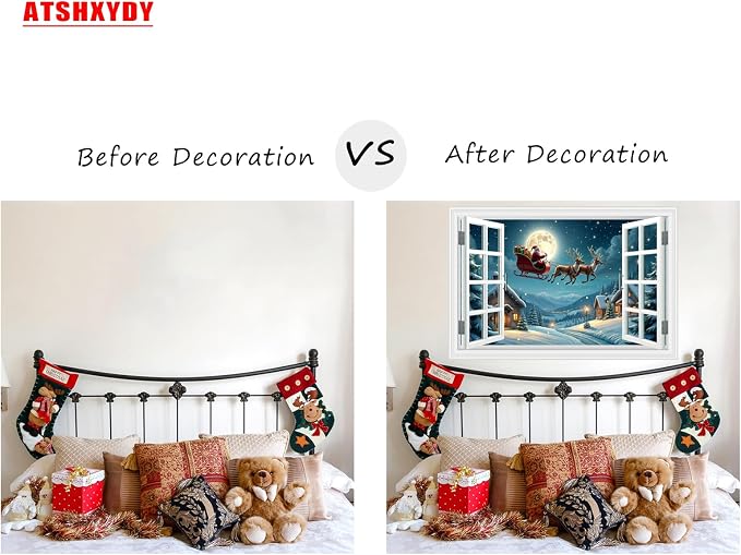 Fake Window Wall Decal - Christmas Night Santa Carry Gifts on The Roof | ｜Faux Window Merry Christmas Wall Art Mural ｜ Stick and Peel Wall Decals｜for Xmas Room Office Decor｜48"x32",Set of 2 Sheets - Image 7