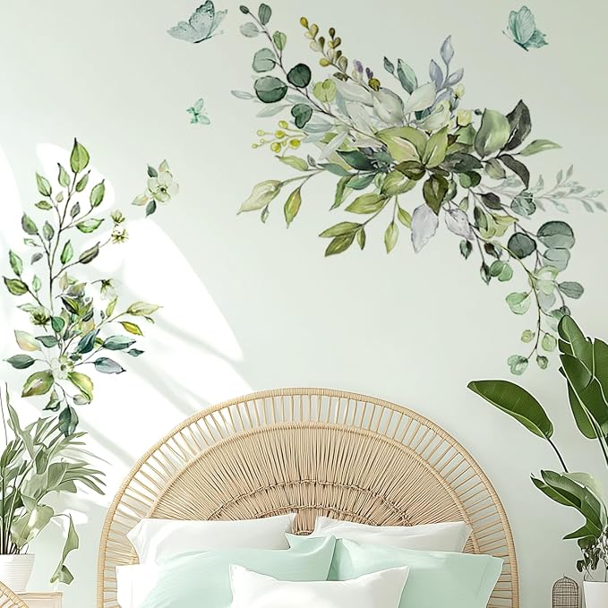 Plant Wall Decals, Removable Fresh Plants Wall Stickers Green Hanging Leaves Flowers Vines Wall Murals for Bedroom Living Room Nursery Wall Decor Wall Art as Decorations Peel and Stick by VePret