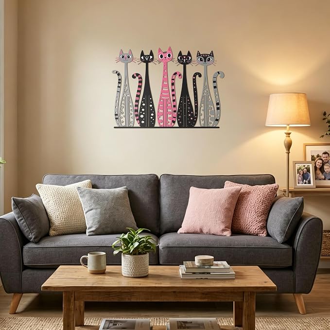 Wesiti Cat Wall Art Decor Metal Sculpture, 5 Retro Cats 10.4x14 Home Decor | Mid Century Geometric Design, Iron Sculptures for Cat Lovers, Living Room Bedroom Kitchen Office Accent Decor Piece - Image 5