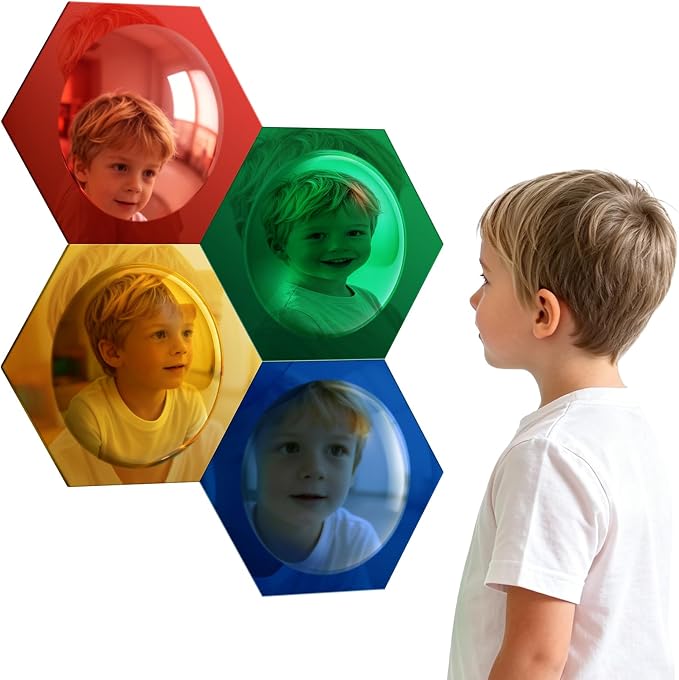 4 Pcs Honeycomb Hexagon Acrylic Sensory Bubble Mirrors for Wall, DIY Combinable Sensory Panel, Colorful Toys for Playroom & Calming Corner Supplies (Red, Yellow, Green, Blue) by Unknown