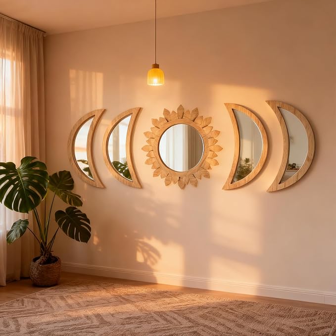 5 Pieces Moon Phase Mirror Wall-Mounted Wall Decor Mirrors Natural Wooden Sunburst Bohemian Wall Art for Home Living Room Bedroom Decoration (Natural) - Image 9