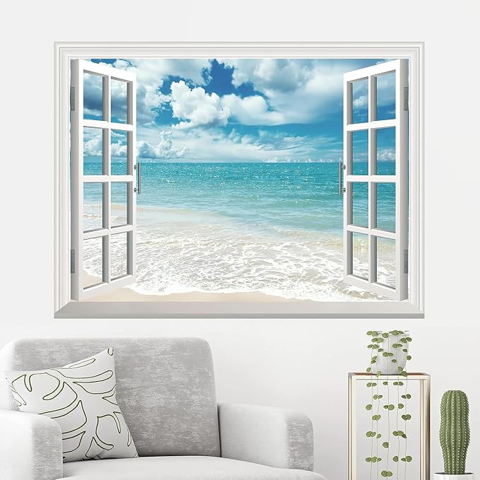 Fake Window Wall Mural White Beach (64"x48") | Peel and Stick Faux Window Wall Sticker Decal Poster for Bedroom Home Decor - Image 7