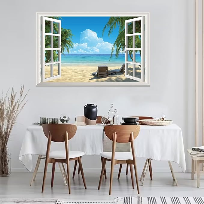 Fake Window Wall Mural Summer Blue Sky White Beach (64"x48") | Peel and Stick Faux Window Wall Sticker Decal Poster for Bedroom Home Decor - Image 6
