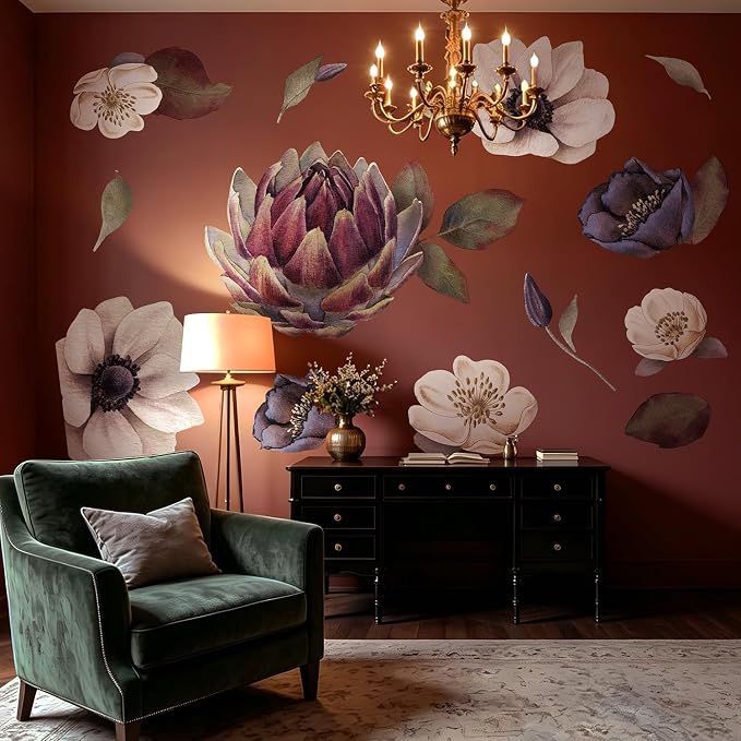Peel and Stick Floral Wall Mural DIY for Bedroom Living Room | Dark Moody 8 Flowers Fabric Wall Decals, Self-Adhesive Freestyle Layout, Largest 47.5"x31.4" Giant Peony Rose by Flortlias