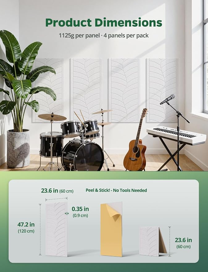 4 Pack Large Acoustic Panels Sound Absorbing for Studio Walls, Self Adhesive Decorative Leaf Art Tiles White Sound Absorption Absorbers for Home Room Ceiling Door Treatment 47" x 24" x 0.4" - Image 9
