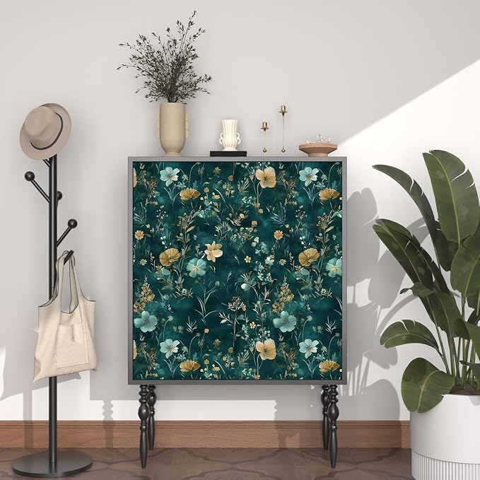 Laatse Floral Leaf Vintage Wallpaper Peel and Stick 17.5" x 118", Teal Gold | Self Adhesive/Removable/Waterproof/Thick Vinyl Contact Paper for Bathroom Bedroom Shelf Cabinet Drawer,Prepasted,Easy Peel - Image 5