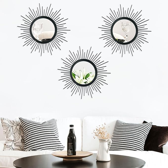 3 Pack Metal Mirrors for Wall Sunburst Wall Mirrors Home Décor Decorative Hanging Wall Art for Living Room Bedroom Entryway (Black, Sunburst) - Image 7