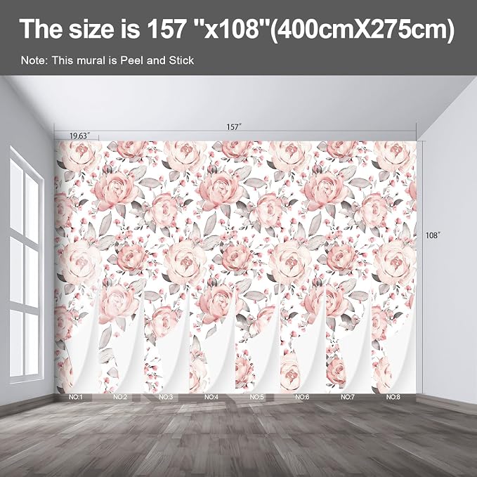 Pink Peony Floral Large wall murals Peel and Stick self Adhesive Flowers Wallpaper for Bedroom Living Room - 108"x157" - Image 2