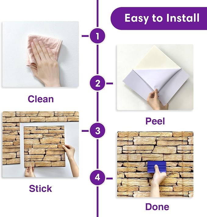 3D Peel and Stick Faux Stone Wall Panels 11.8" x 11.8" 10-Pack | Earthy Yellow, Stone-Look Textured Sticker, Thin Lightweight PVC Self Adhesive Wall Tiles for Interior Decor, Cover 9.7 sq ft - Image 6