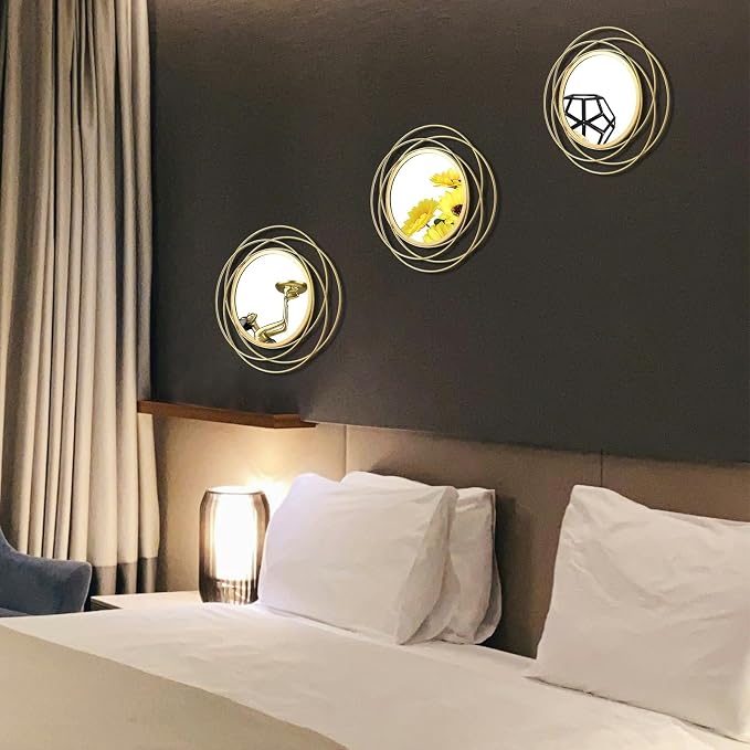 3 Set Round Mirrors for Wall Decor Living Room Bedroom Bathroom Dining Room Metal Circle Mirror Set Boho Decorative Sunburst Wall Art Accent Entryway - Gold 9.5 in - Image 4