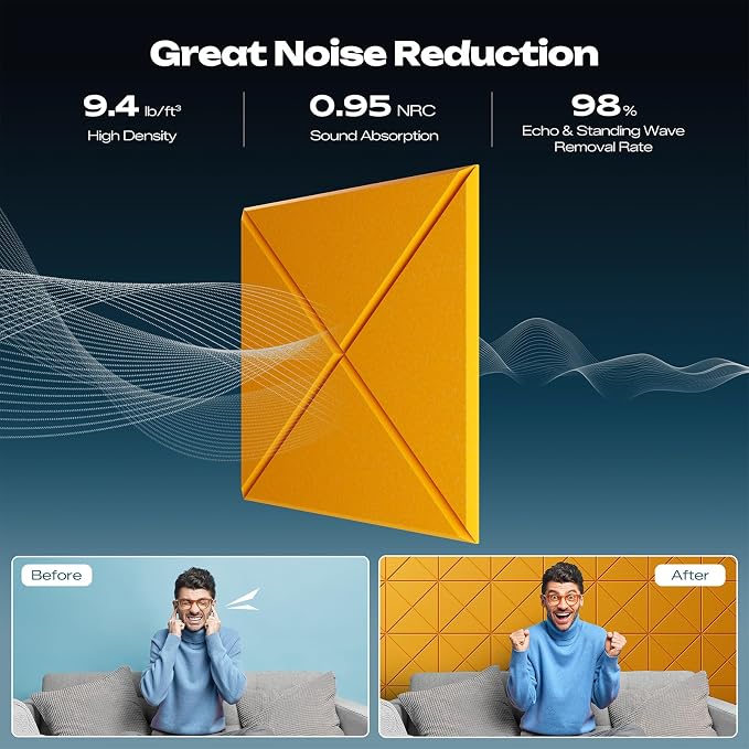 Sonicism 22 Pack X-Lined Acoustic Panels with Self-Adhesive, 12"X 12"X 0.4" Sound Proof Foam Panels, Decorative Soundproof Wall Panels, Sound Absorbing Tile for Home & Offices, Orange Yellow - Image 3