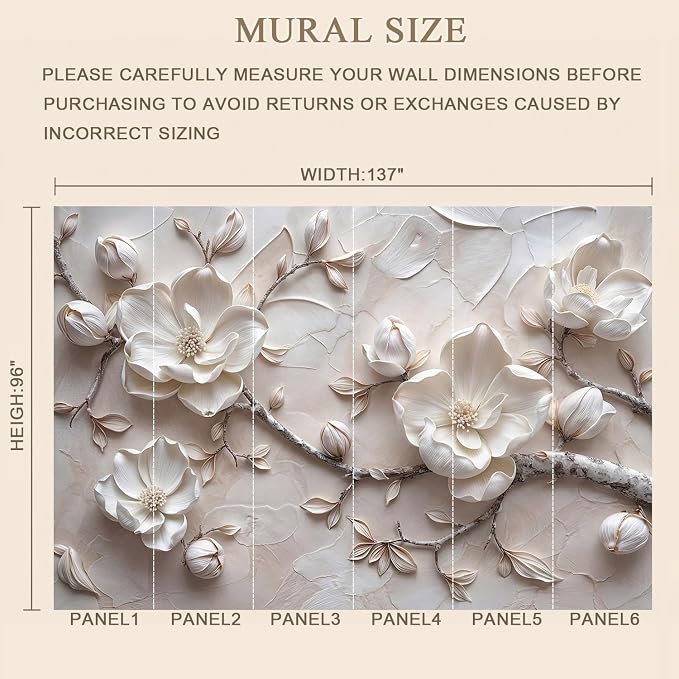 MFWFM Floral Peel and Stick Wallpaper 3D Relief Magnolia Flower Wall Mural | 137"x96", for Bedroom Living Room Bathroom, Self Adhesive Canvas - Image 4