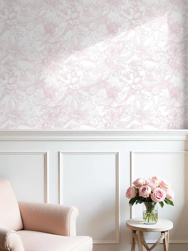 Ismoon Large Floral Peel and Stick Wallpaper Boho White/Pink Contact Paper 17.3inx6.5ft Removable Self Adhesive Bedroom Cabinet Mural Wall Decor Vinyl Roll - Image 3