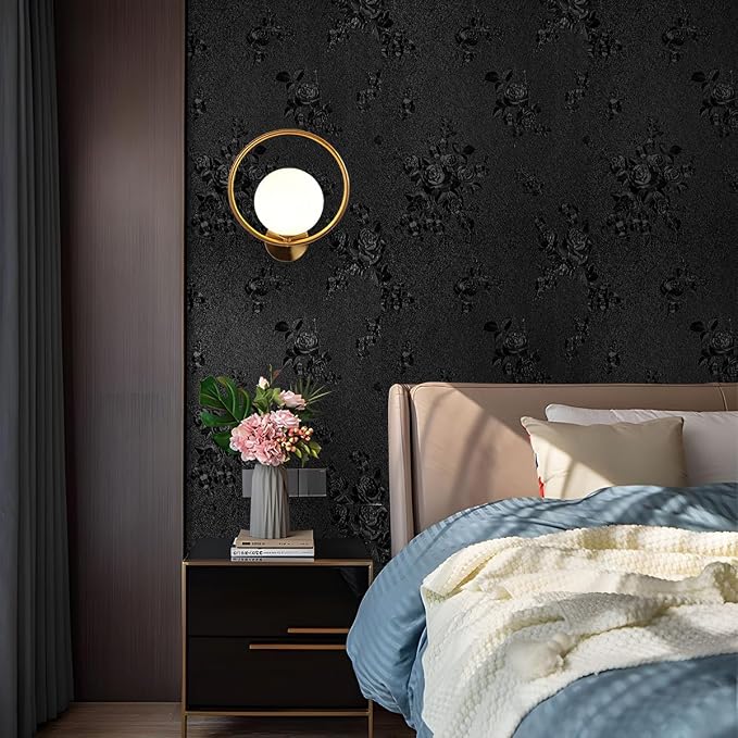 Black Peel and Stick Wallpaper Floral Black Wallpaper 18in x 118in | Embossed Flower Contact Paper Textured Self Adhesive Paper for Cabinets Bathroom Dark Floral Removable Waterproof Decor Vinyl - Image 3