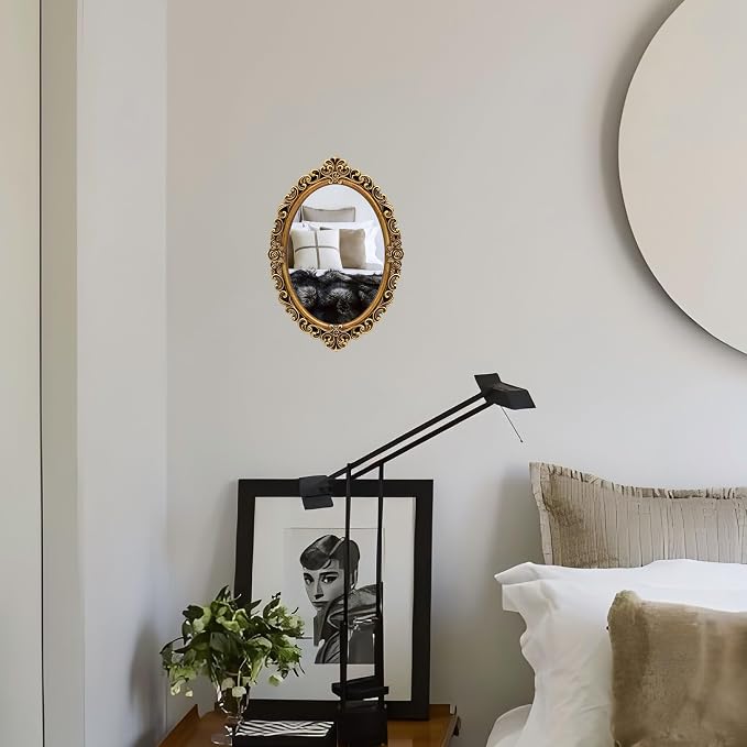 OIGUMR Oval Smallest Wall Mirror Resin Frame Size：12 x 8.3 inch Mirror Vintage Hanging Mirrors for Bedroom Living-Room Dresser Decor Gold - Image 3
