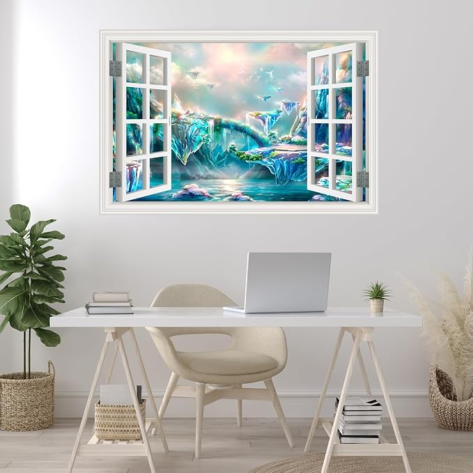 ‌Lmyhome Fake Window Wall Mural Fantastic Fairy Tale Waterfall (48"x32") | Peel and Stick Faux Window Wall Sticker Decal Poster for Bedroom Home Decor - Image 3
