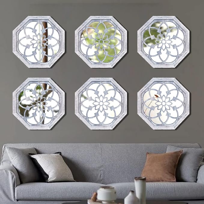 ZOLAPI 2 PCS Octagon Wall-Mounted Mirrors,Vintage Farmhouse Mirror for Wall Decor,Rustic White Color Decorative Accent Mirror for Foyer, Bathroom, Bedroom. (12”x12”) - Image 6