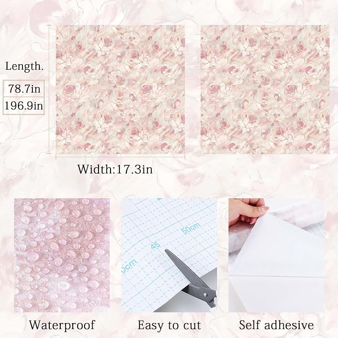 Peel and Stick Wallpaper Floral Wallpaper Hand-Painted Pink Peony Flower Contact Paper Self Adhesive Removable Wall Paper Vinyl for Living Room Bedroom Bathroom Cabinets Wall Decor 17.3"x 394" - Image 6