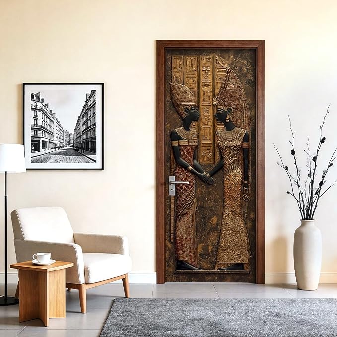 Ancient Egyptian Door Mural, Pharaoh Hieroglyphic Door Cover | Waterproof PVC, 30.3" W x 78.7" L; Egyptian art design for bedroom, entryway, office or study doors. - Image 2