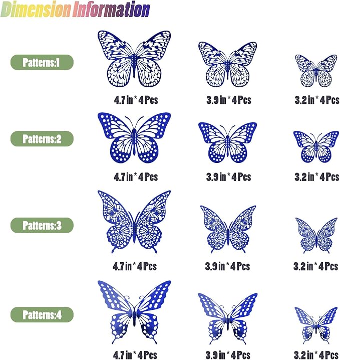 SAOROPEB Butterfly Wall Stickers, 48 Pcs 4 Styles 3 Sizes, Metallic Paper, Removable, Navy Blue, Art Deco Decor for Wall | 4 Styles 3 Sizes, Butterfly Birthday Decorations Butterfly Party Decorations Cake Decorations, Removable Stickers - Image 5