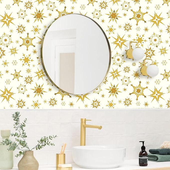 Gold and White Peel and Stick Wallpaper Retro Atomic Star Wallpapers Modern Self Adhesive Contact Paper Removable Mid Century Starburst Wall Art Mural Vinyl Film for Cabinet Drawer Bedroom Living Room - Image 8
