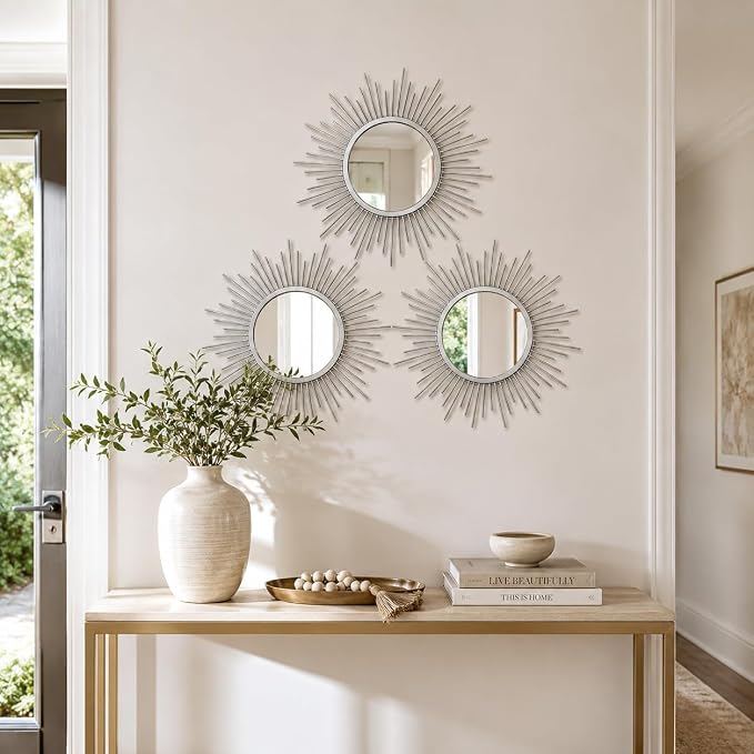 Silver Sunburst Mirror Set of 3, 3PCS Metal Round Decorative Wall Mirrors, Starburst Accent Mirror Wall Decor for Bathroom, Living Room, Bedroom & Entryway - Image 4