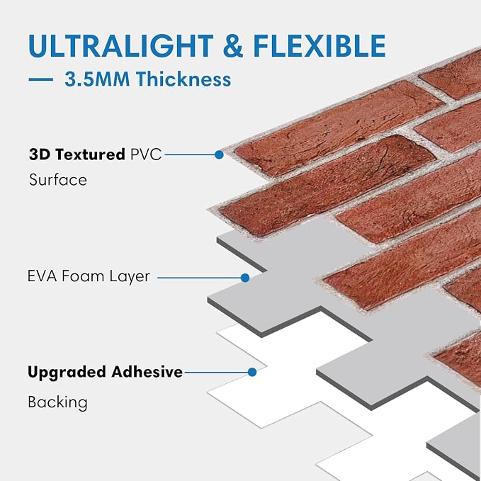 COMSTICKC 3D Faux Brick Wall Panels Peel and Stick, 12 Pcs 22.8" x 11.8" | Not Real Brick, Ultra-Light Thin PVC Wall Sticker, 3D Fake Brick Tiles Wall Covering for Interior Decor, Cover 22.48 sq ft - Image 4