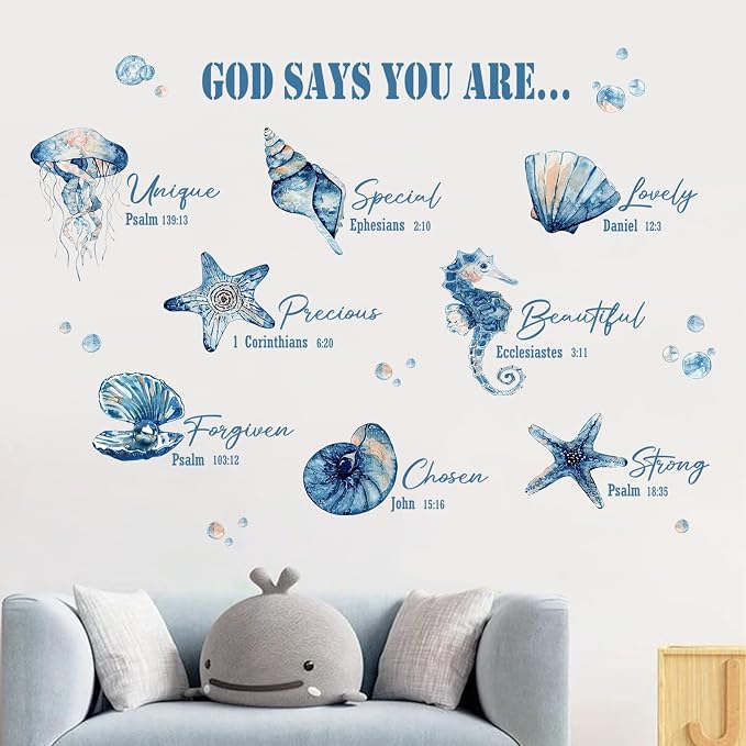 Yovkky Religious God Says You are Inspirational Wall Decals Stickers | Marine Animal Sea Shell Starfish Seahorse Jellyfish Home Bedroom Decor, Coastal Beach Ocean Living Room Kitchen Decorations - Image 4