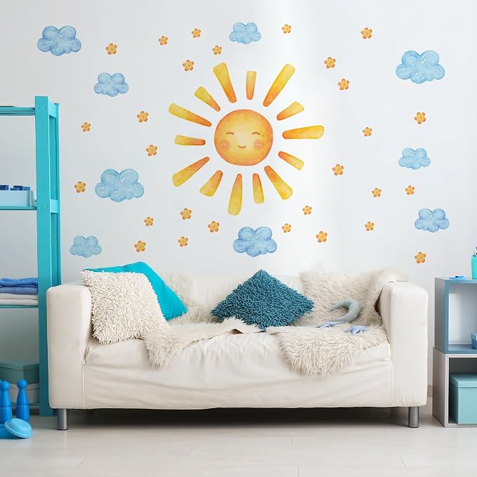 35.4 ×11.8 Inch Sun Clouds Wall Decal Watercolor Mural Modern Vinyl Removable Peel Stick Sticker for Nursery Room Playroom Living Room Bedroom Decor - Image 5