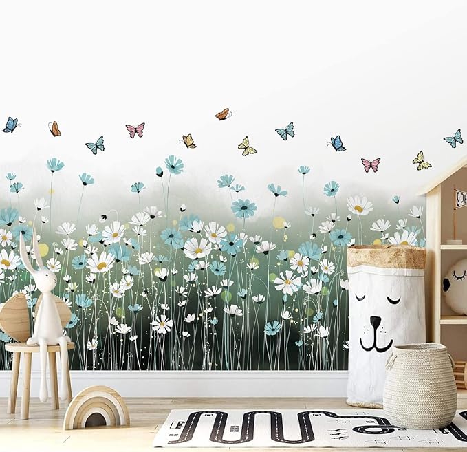 2 Sheets Blue Daisy Wall Sticker White Flowers Wall Decals DIY Peel and Stick Butterflys Firefly Wall Stickers for Kids Girls Bedroom Living Room Bathroom Nursery Window Door Office Skirting Lines - Image 5