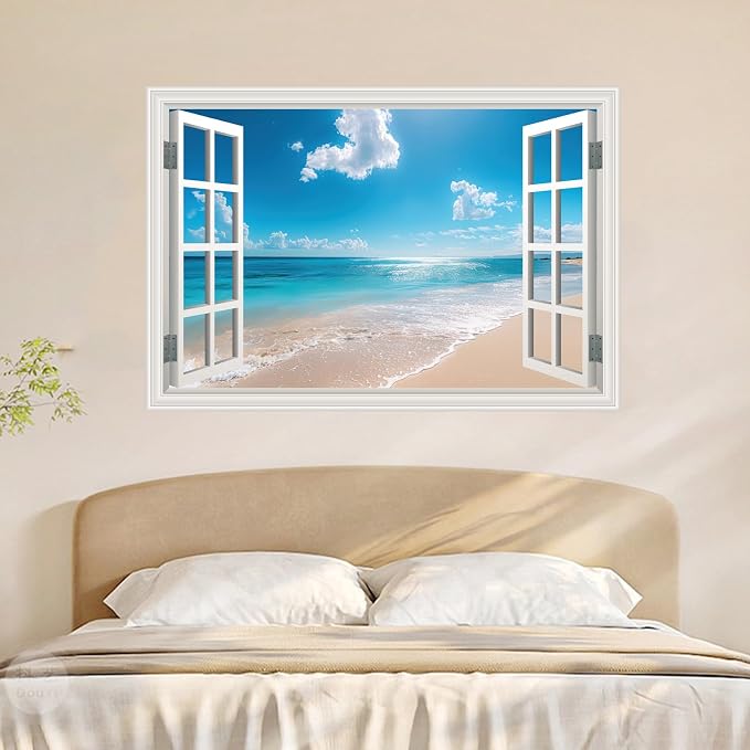 Fake Window Poster Wall Art Sticker - Summer Beach Faux Window Wall Mural for Wall Decor, Stick and Peel Wall Decals, 24" x 16" - Image 3
