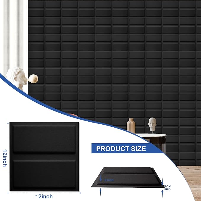 12 Pack 3D Wall Panels for Interior Wall Decor, Accent Wall Panels for Office Living Room Bedroom Hotel Lobby, 12''x12'' Fiber Chocolate Wallpapers Cover 12.Sq.Ft（Black） - Image 2