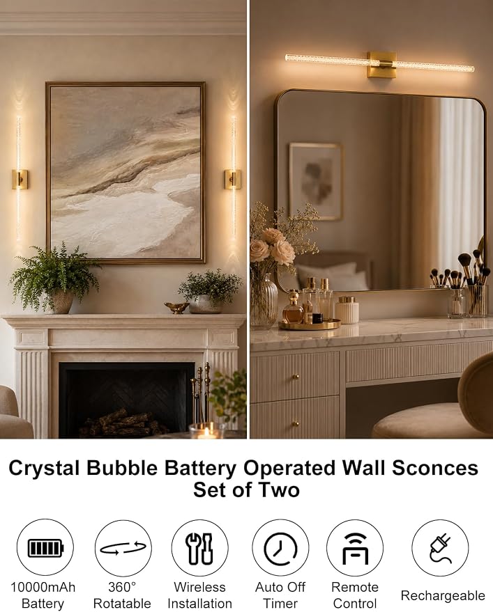 Rechargeable Wall Sconces Set of 2, Gold Crystal Bubble Wireless Wall Light | 10000mAh, Remote Control, 3000K-6000K Dimmable, 360° Adjustable, Ambient Lighting for Living Room, Bedroom, Picture, Bathroom - Image 3