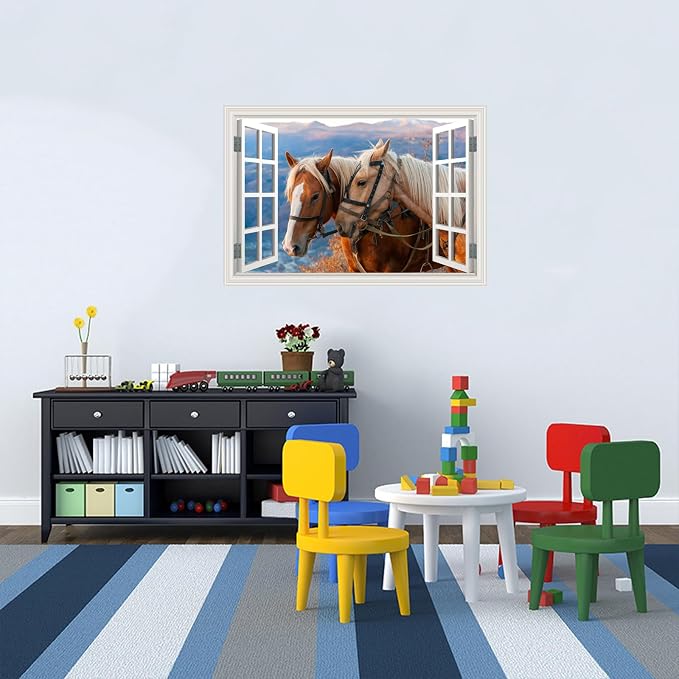 Fake Window Wall Mural -Horse Faux Window Poster Wall Art Decor, Stick and Peel Wallpaper Natural Scenery Decol Horse Ranch Farm Animals Scene （48"x32",Set of 2 Sheets） - Image 6