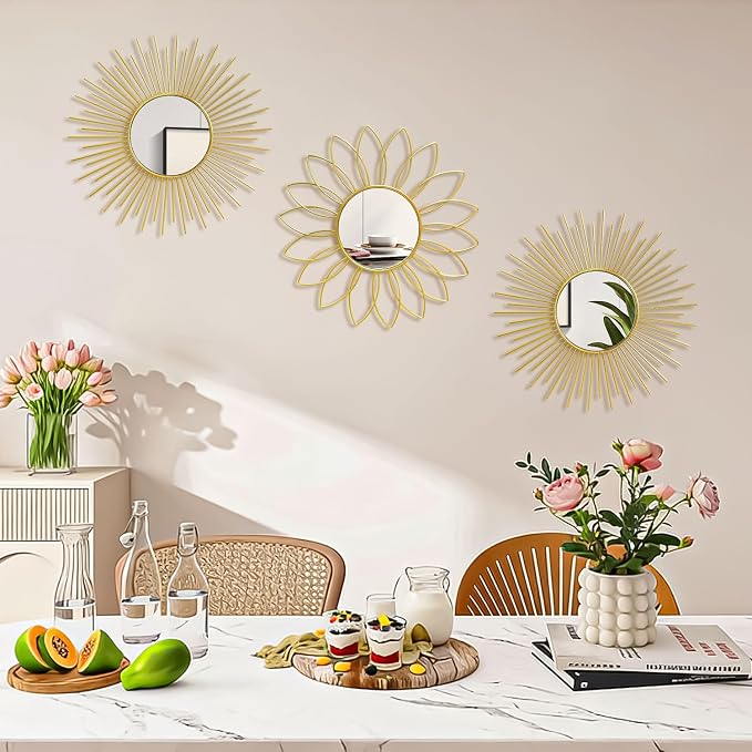 3 Pack Metal Mirrors for Wall Sunburst Wall Mirrors Home Décor Decorative Hanging Wall Art for Living Room Bedroom Entryway (Gold2, Flower+Sunburst) - Image 3