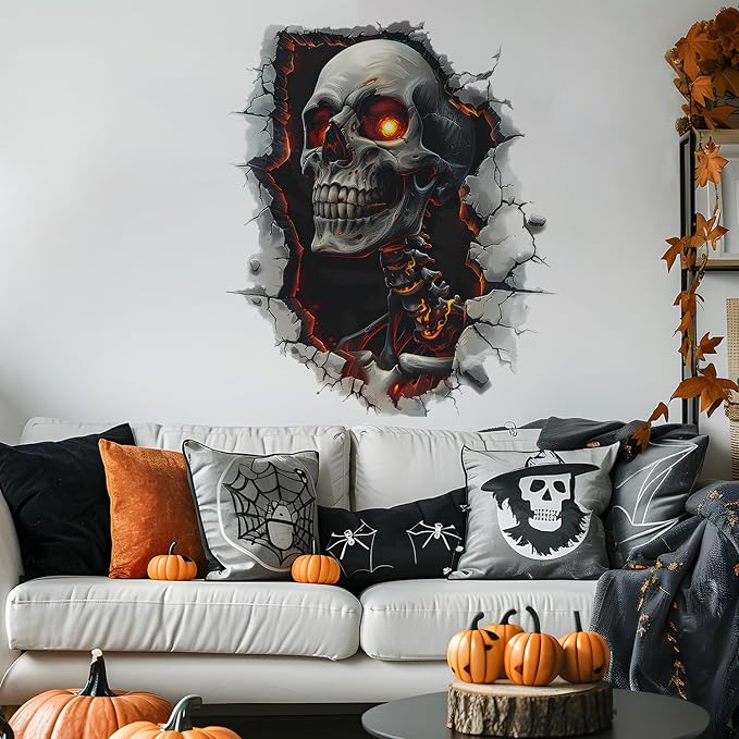 Halloween Skull Wall Decals Scary Skeleton Breaking Through Wall Sticker Flaming Eyes Grim Reaper Removable Vinyl Window Murals Haunted House Horror Theme Party Home Room Decorations - Image 5