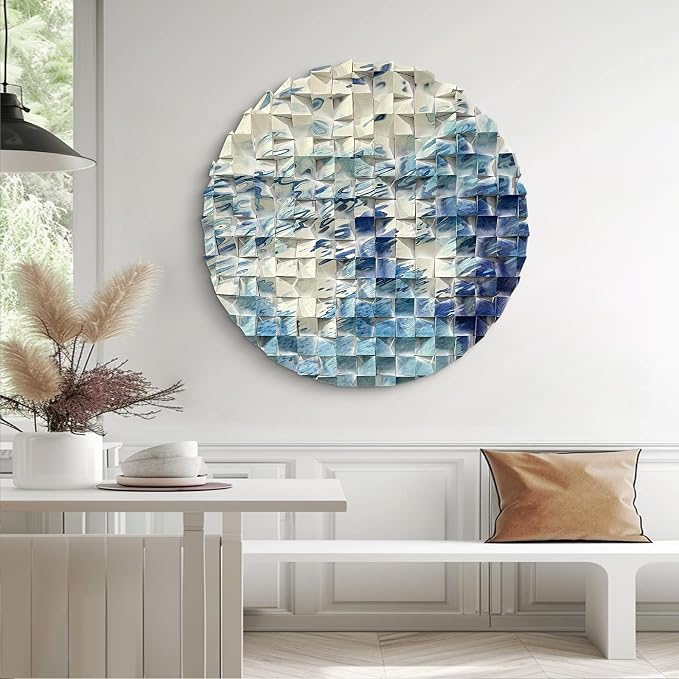 LIUZEYUE - Abstract Flow Round Wood Wall Art, White and Blue River Line Pattern, Modern Circular Wooden Decor for Living Room Office 39.4" - Image 9