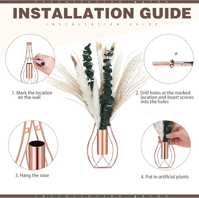 Otoolling Boho Wall Decor Set of 2 – Metal Hanging Wall Art with Faux Pampas or Eucalyptus,Minimalist Bohemian Accent for Living Room, Bedroom, Entryway (Rose Gold,Pampas,Eucalyptus) - Image 3