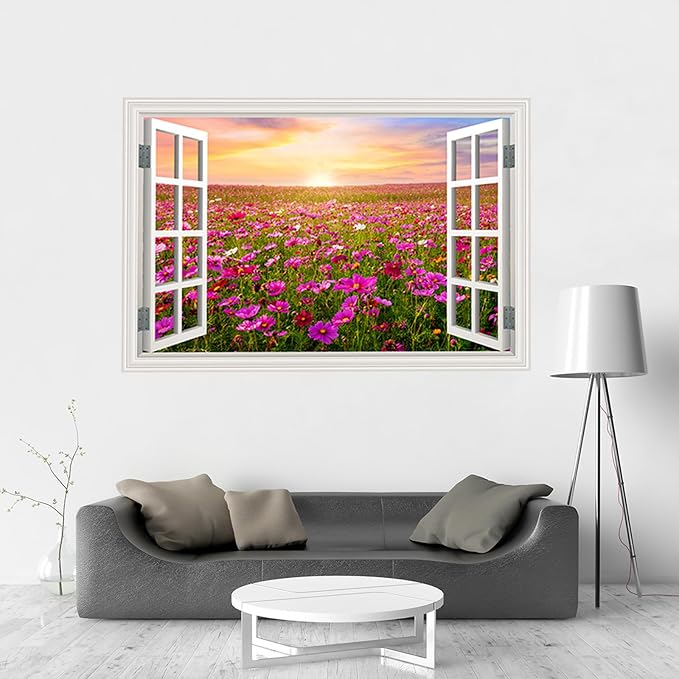 Fake Window Wall Sticker- Sunrise Pink Flower Garden Open Wall Art Decal | Faux Window Natural Scenery Landscape Mural｜ Stick and Peel Wall Decals｜for Room Bedroom Office Decor｜48"x32",Set of 2 Sheets - Image 9