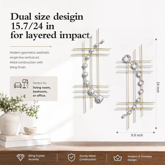 ZEXUIRU 2 Pcs Abstract Metal Art for Wall Decor Living Room Bedroom Bathroom Office Metal Bling Modern Geometric Hanging Vertical Small Iron Sculpture Plaque Pack -Gold 24in - Image 3