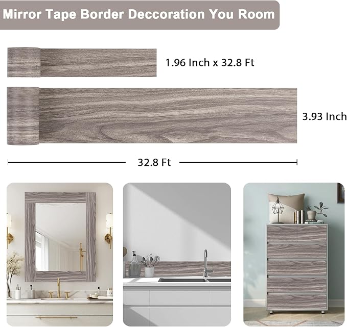 Alened 10M Grey Mirror Border Peel and Stick, Wood Grain Wallpaper Border - Image 3