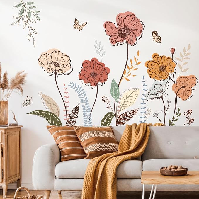 wondever Boho Flower Wall Decals Wildflower Floral Grass Wall Stickers | Peel and Stick, Removable, Wall Art Decals, Wall Decoration, Living Room Bedroom, Office Sofa TV Home Wall Decor by wondever